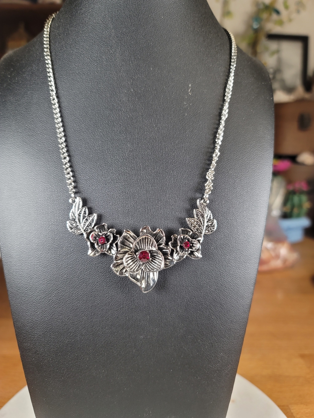 paparazzi Silver Floral Necklace with Red Accents